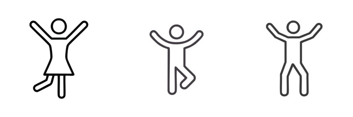 Happy people line icons set. Set of three line icons depicting happy individuals with raised arms.  Perfect for use in web design, app development, or presentations.