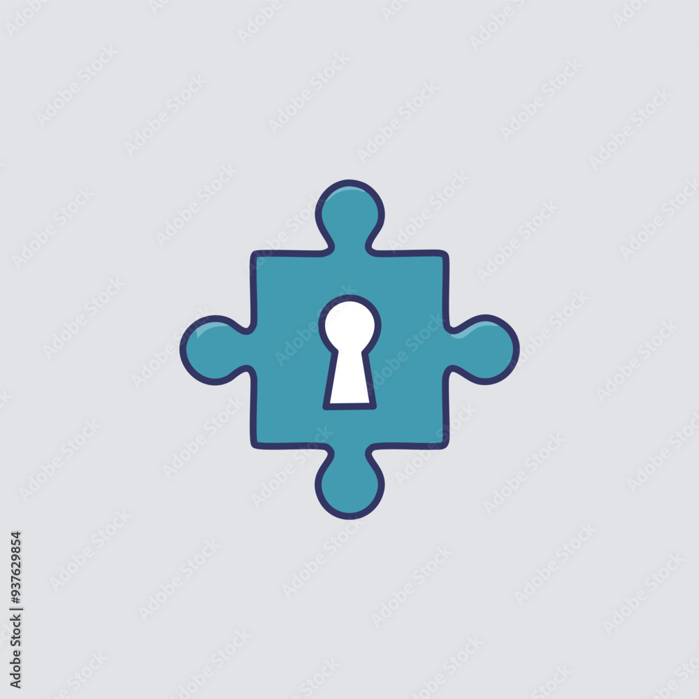 Poster puzzle piece keyhole security concept. a blue puzzle piece with a white keyhole in the center, symbo