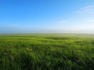 Expansive Green Meadow Under Tranquil Blue Morning Sky