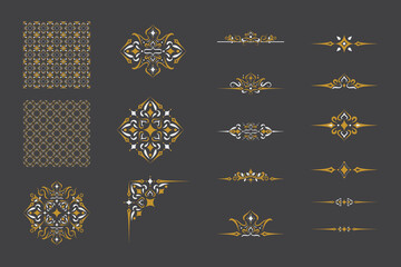Set Of Golden Vintage ornament with border, frame, crown, ornate,  background, pattern, mandala and luxury elements, suitable for vintage design or wedding invitation card, banner and label