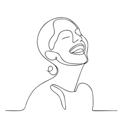 Continuous line art happy woman portrait. Minimalist illustration of a woman's face drawn in one continuous line. The subject is looking upwards with a joyful expression.