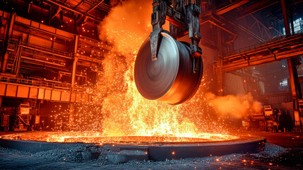 Hot metal cascades from gigantic furnaces, illuminating the steel mill with bright orange flames and vibrant sparks as the process unfolds