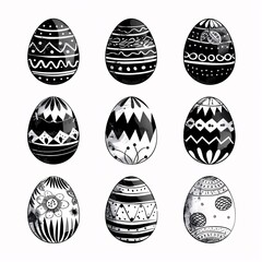 2. Hand-drawn style Easter eggs, twelve in total, various patterns such as zig-zags, dots, flowers, leaves, waves, and stripes, black and white line art, white background, aspect ratio 3:4,