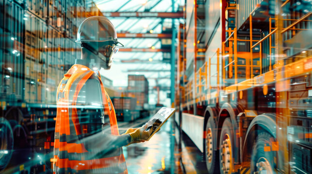 A logistics professional in a safety vest checks data on a tablet amidst vibrant container trucks and digital overlays in a busy port setting - Powered by Adobe
