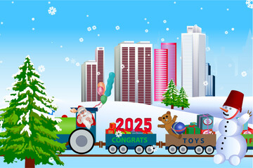 Fototapeta premium 2025, background, bells, card, cartoon, celebration, children, christmas, claus, congrats, december, decoration, decorative, design, fir, gift, gifts box, greeting, happy, holiday, illustration, kids,