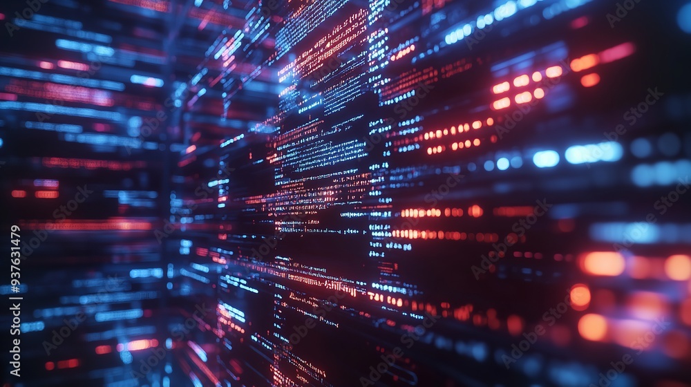 Poster abstract futuristic data stream flowing through a digital network, showcasing bright neon lights and