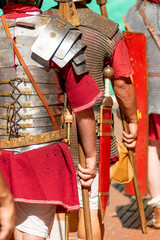 detail of the armor of a Roman legionary in a historical recreation event in Portugal, Festa dos...