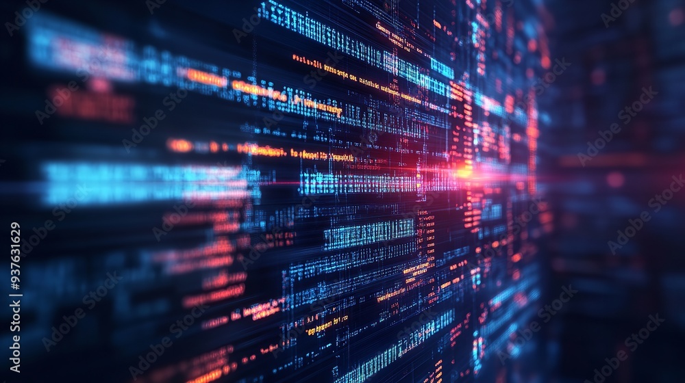 Poster abstract futuristic data stream flowing through a digital network, showcasing bright neon lights and