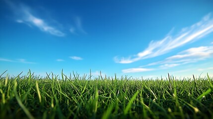 Fototapeta premium Picturesque Early Morning Landscape with Lush Green Grass and Vibrant Blue Sky