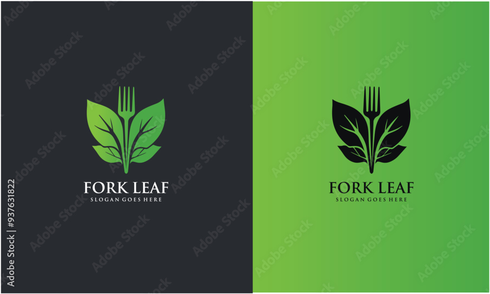 Sticker leaf with fork logo, healthy food logo design template.