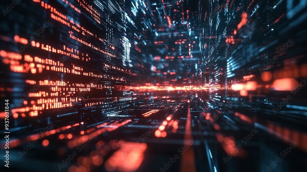 Poster abstract futuristic data stream flowing through a digital network, showcasing bright neon lights and