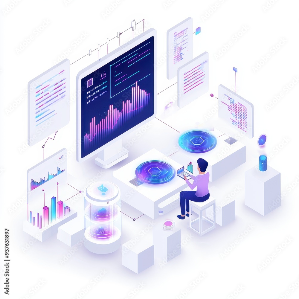 Poster data analysis and visualization with isometric illustration of person working at a computer