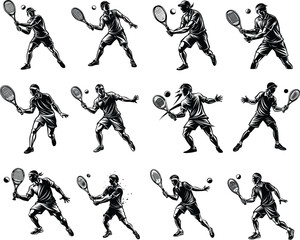 tennis playing player sports vector set designed in silhouette