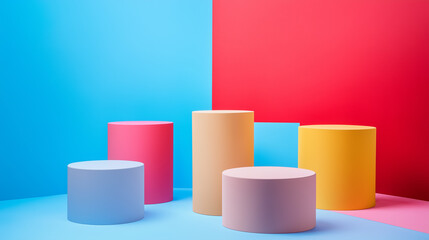 Obraz premium Geometric 3D illustration rendering of two holographic cubes with clean wall for displaying products. Business organization