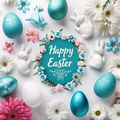 3. Festive Easter greeting, teal egg in the center with "Happy Easter" written in a playful font, surrounded by vibrant Easter eggs, bunny silhouettes, spring flowers, white background, aspect ratio