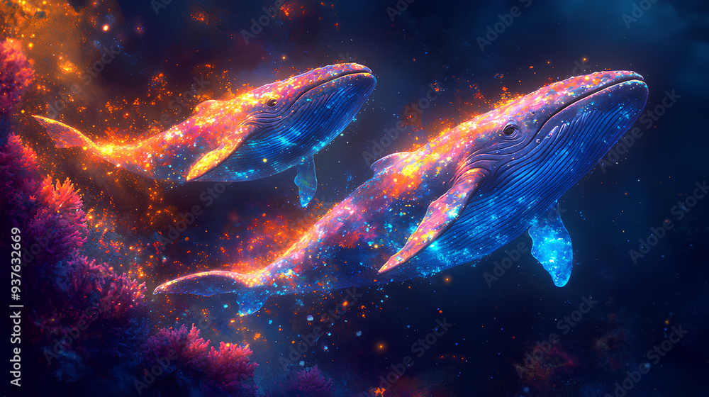 Wall mural illustration of two colorful baby whales swimming in the sea background