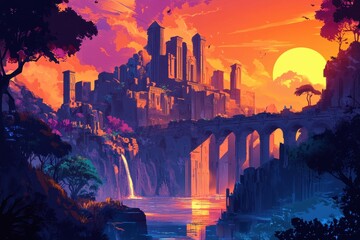 Fototapeta premium A Sunset View of an Ancient City with a Waterfall and a Bridge