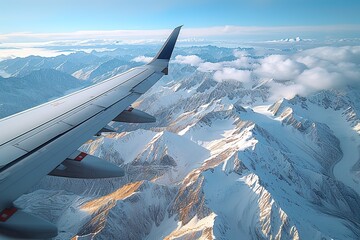 Passenger Aircraft Wing with Snow-Covered Mountains A scenic view of an airplane wing against...