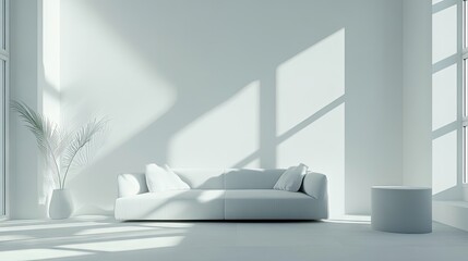 Bright and airy minimalist living room with a clean design, featuring a modern sofa and minimal decor, creating a tranquil atmosphere.