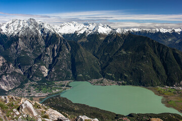 Lake of Novate Mezzola and Italian Alps, view from mountain peak