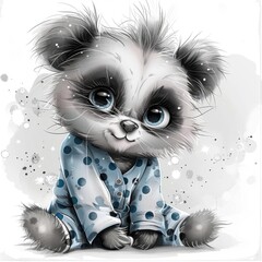 Obraz premium A baby panda with a sweet face, wearing blue pajamas and blue eyes, in a cartoon and watercolor style, isolated on a white backdrop, ideal for a cute picture or craft.