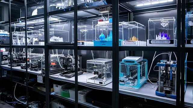Multiple 3d printers are creating and testing innovative product designs in a contemporary laboratory, showcasing cutting edge manufacturing technology