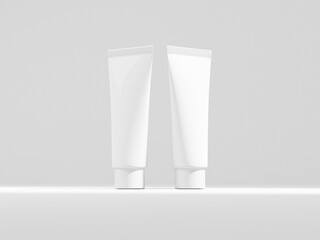 Plastic tubes mockup, duo set of standing screw cap squeeze tube packaging mockup, seal plastic tubes illustration, skincare and cosmetology lotion product container isolate on clean background 