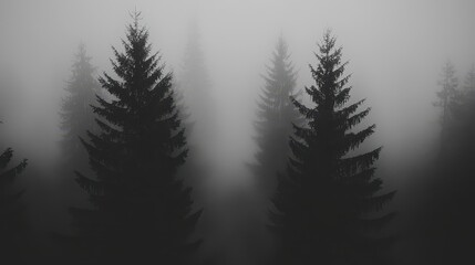 Fototapeta premium Misty Forest Trees Dark and Mysterious Foggy Landscape