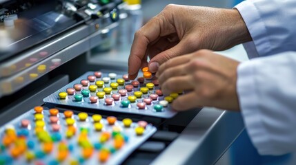 A close-up of a pharmacist’s hands using a pill counting tray to sort and count colorful tablets before dispensing them into a prescription bottle.
