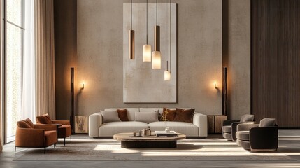 Chic living room in modern style, featuring elegant lighting decor such as pendant lights and floor lamps, adding sophistication to the space.
