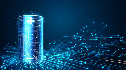 Rendering, accumulator battery with charge level indicator, power supply and electrical energy concept, futuristic technology background