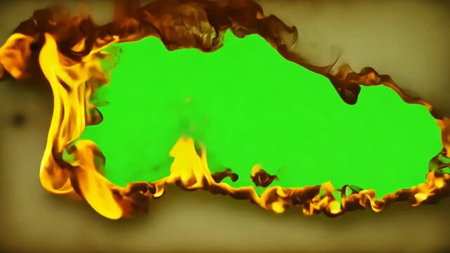 Paper background caught fire from the center, revealing a green screen on the back., exposing the bright green screen background.
