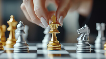 Close up of businesswoman holding chess to win and kill chess king money on white and black chessboard business competition concept winner and loser strategy fight