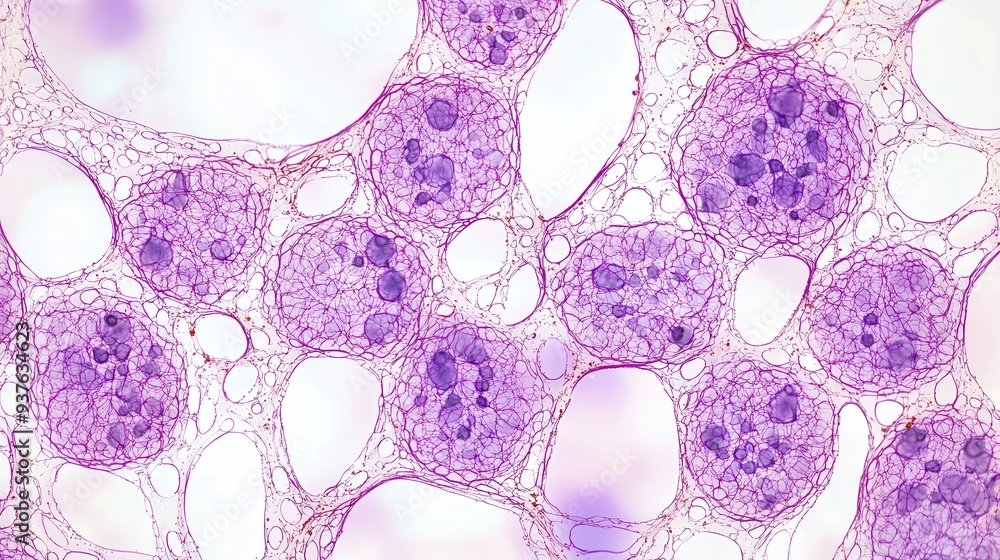 Poster microscopic view of purple cells with intricate network structure