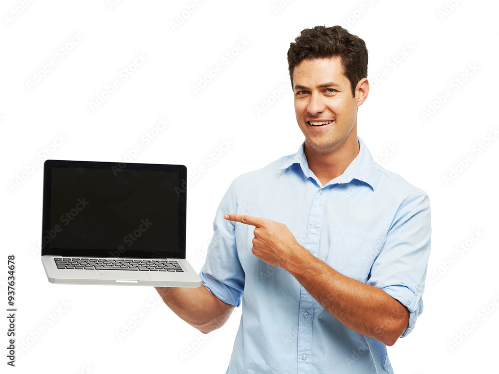 Aufkleber man, laptop screen and point in studio portrait with mockup, space and choice for ui by white backgr