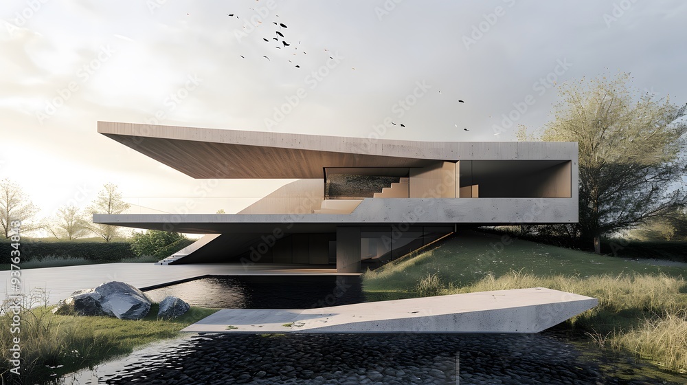 Poster macroscopic view of a minimalist house highlighting the unique shape and structure ai generated illu