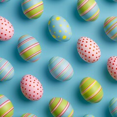 Obraz premium 2. Repeating pattern of decorated Easter eggs featuring vibrant stripes, dots, and dashes, pastel colors in pink, yellow, green, and blue, set against a light blue backdrop, flat design, commercial