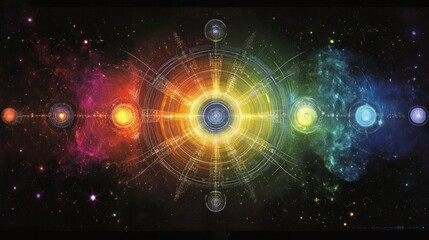 Obraz premium Abstract representation of creation, thoughts expanding in colorful, glowing pattern. Concept of prayer, mental health, healing, center.