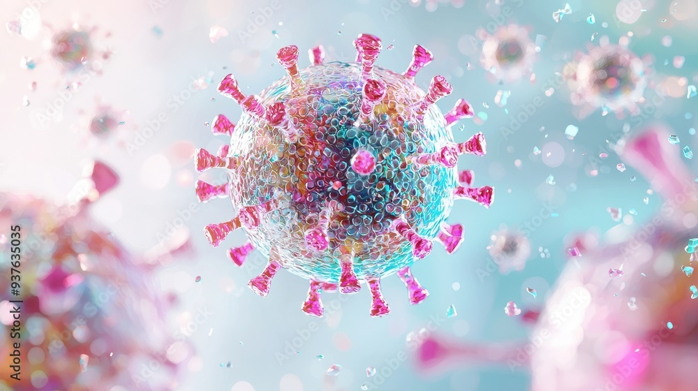 Poster d rendering of colorful virus with bokeh background