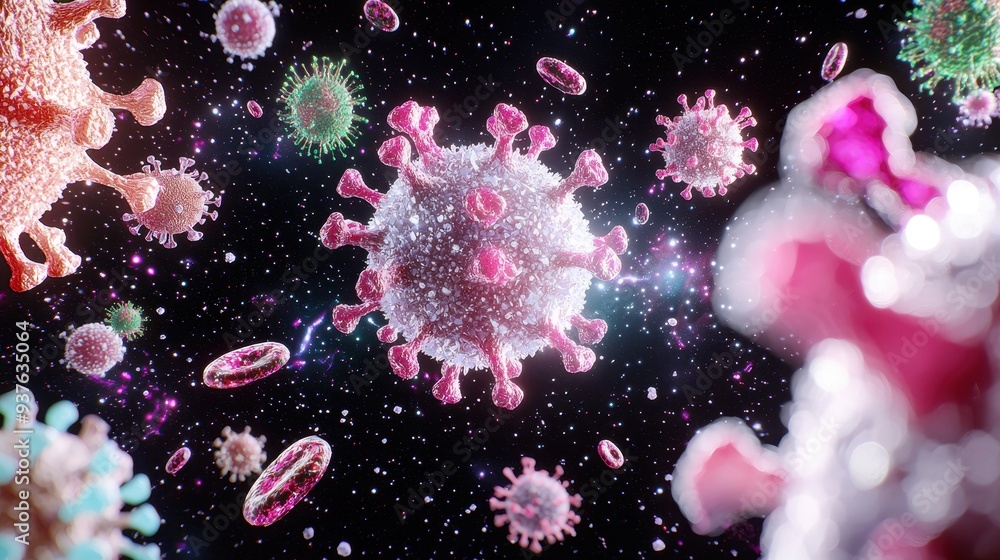 Poster d render of colorful viruses and cells on black background