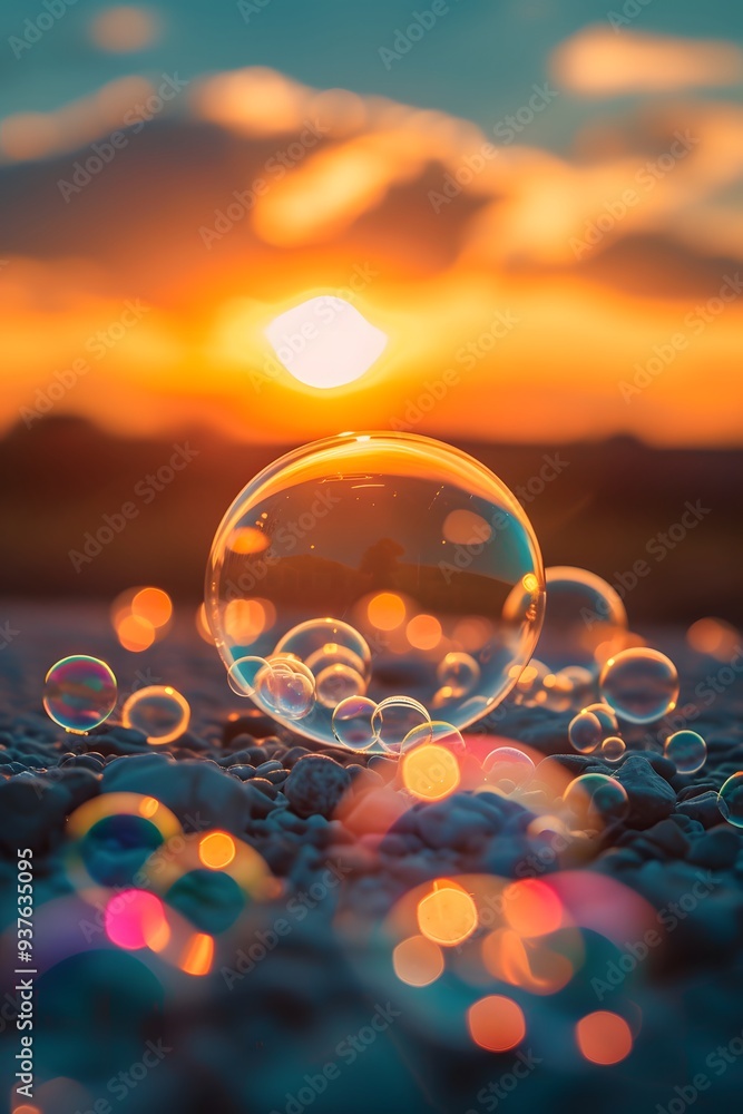 Wall mural microscopic view of soap bubbles against a sunset ai generated illustration