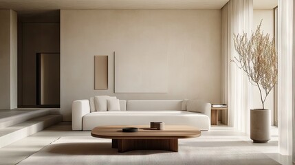 Elegant minimalist living room with a simple sofa, coffee table, and a few decor pieces, emphasizing clean lines and open space.