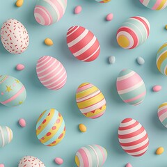 Obraz premium 3. Easter eggs pattern with intricate decorations of colorful stripes, dots, and dashes, pastel hues of pink, yellow, green, and blue, light blue background, flat design, commercial photography, high