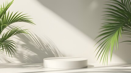 Minimal design of an empty white podium for a cosmetic product with a tropical palm leaf shadow AI generated illustration
