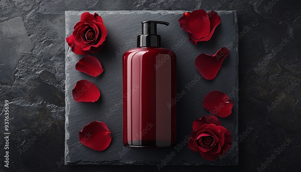 Wall mural deep red body lotion bottle on black slate stone skincare mockup