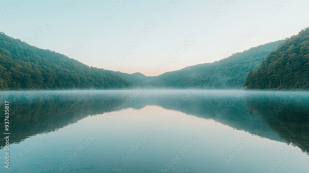 Canvas Prints Misty Mountain Lake Reflection at Dawn