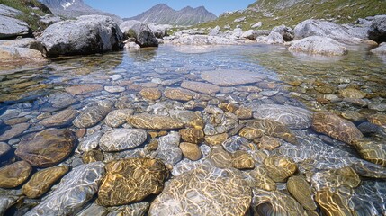 Clear Mountain Stream with Smooth River Rocks