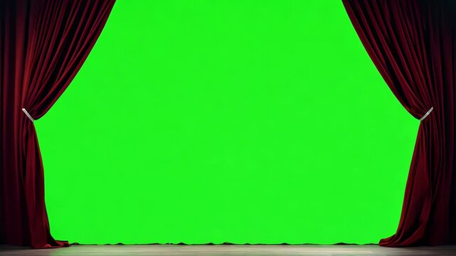 Red Curtain Opening on Stage, revealing a greenscreen on the back., exposing the bright green background perfect for chroma keying in post-production.