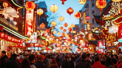 Chinese New Year Celebration with Red Lanterns and Crowd