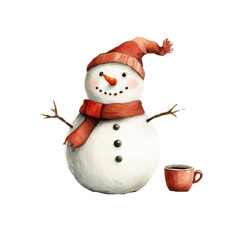 Watercolor illustration of a cheerful snowman wearing a red scarf and hat, with a cup of hot cocoa, isolated on white background. Winter holiday charm.

